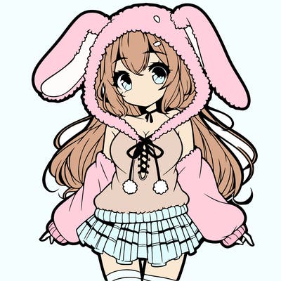 pretty anime girl wearing a fluffy hoodie with bunny ears on the hood and a skirt