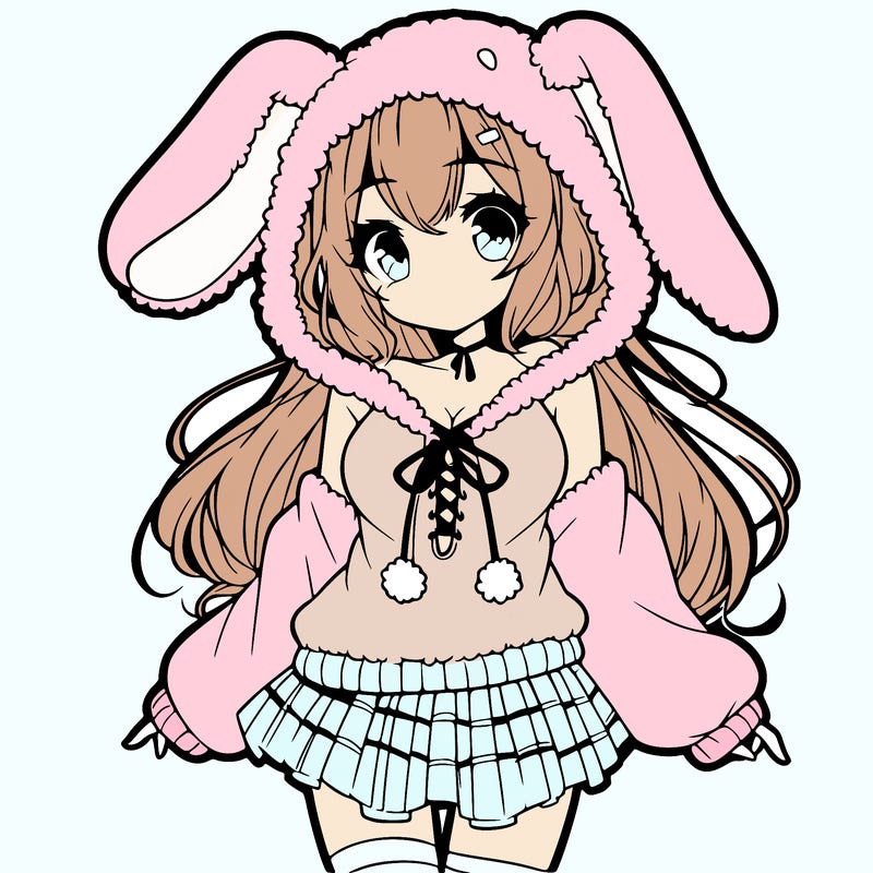 pretty anime girl wearing a fluffy hoodie with bunny ears on the hood and a skirt