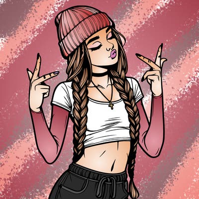 realistic teenage girl with braids and a beanie and crop top doing 🫶🏼