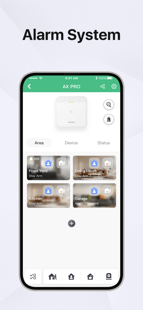 Benutzeroberfläche der Guarding Vision App mit dem Status des AX PRO Alarmsystems in verschiedenen Wohnbereichen, einschließlich Garage und Wohnzimmer.