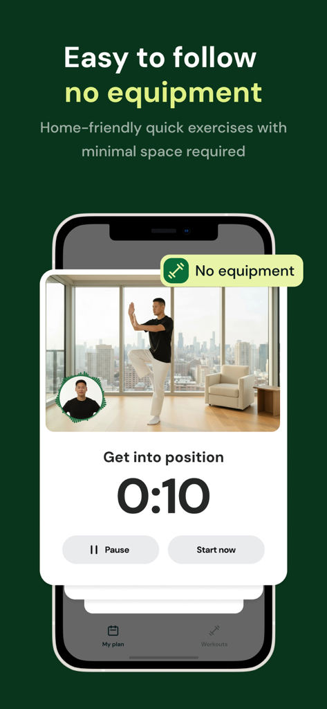 Lasta Fit mobile app interface showing a home Tai Chi workout session with a timer and no equipment required