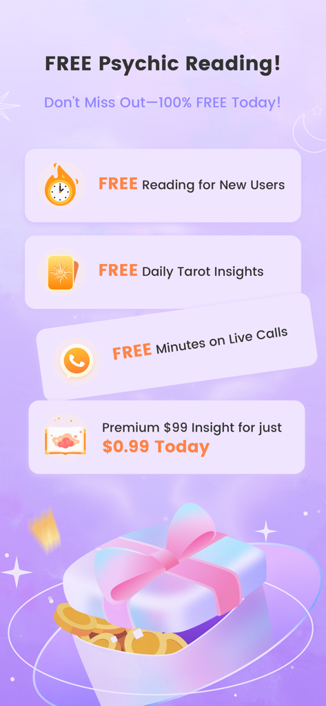 Salviaアプリのプロモーション画面。無料の占い、毎日のタロットの洞察、新規ユーザー向けの特別ウェルカムオファーが表示されている。