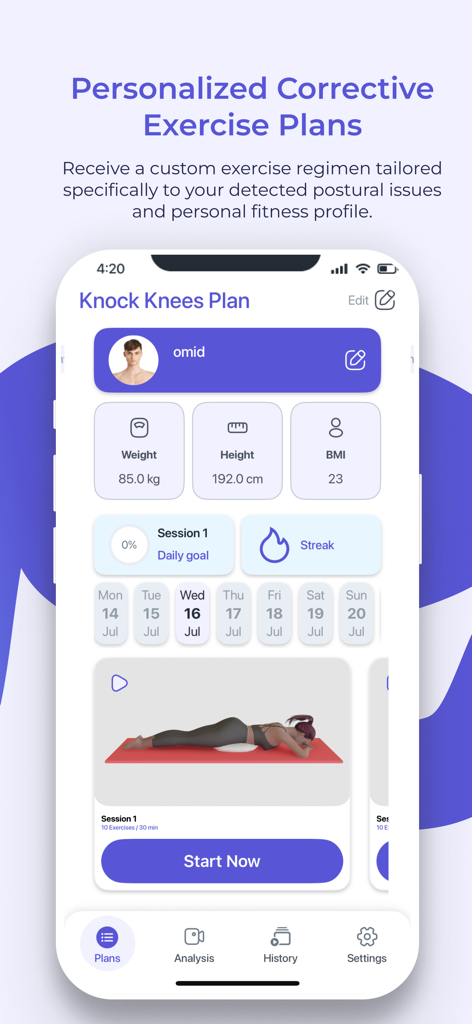 Uma interface móvel para o FlexiTrace exibindo um plano de exercícios personalizado para joelhos valgos, incluindo estatísticas do usuário e uma prévia do treino em vídeo.