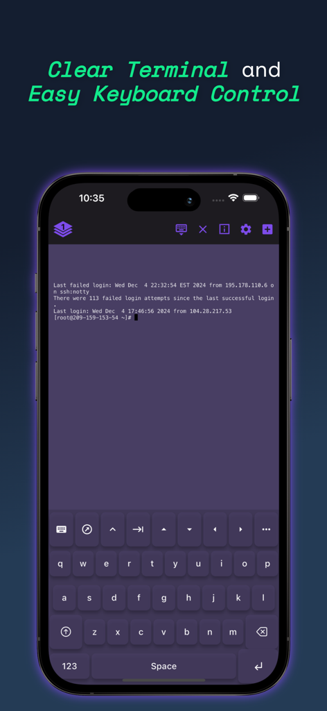 iPhone screenshot showing the Termux terminal emulator and custom SSH keyboard