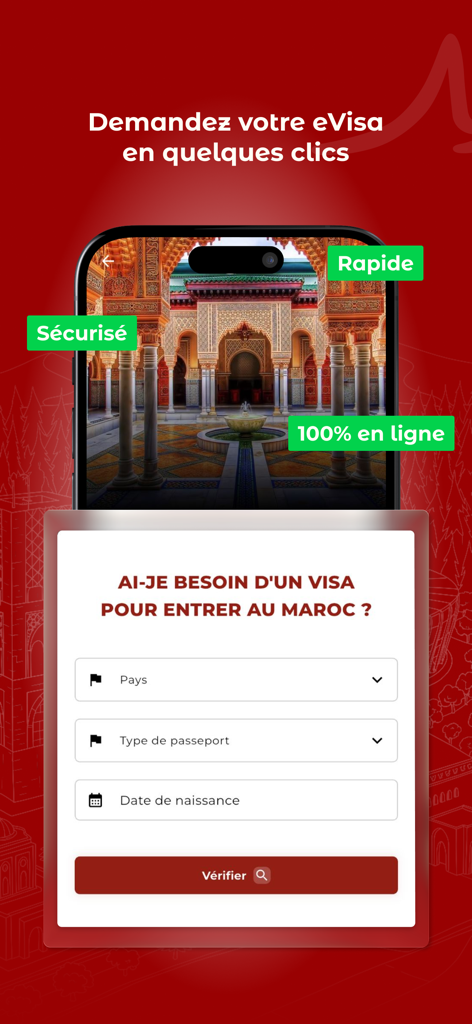 Mobile screen of the Yalla app showing the e-Visa application and verification process for Morocco.