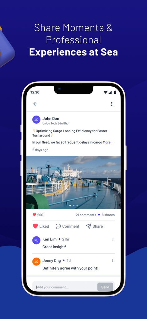 My Ship Info - Una captura de pantalla de la aplicación My Ship Info que muestra un feed social donde los profesionales marítimos comparten experiencias de la industria y consejos de carga.