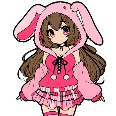 pretty anime girl wearing a fluffy hoodie with bunny ears on the hood and a skirt