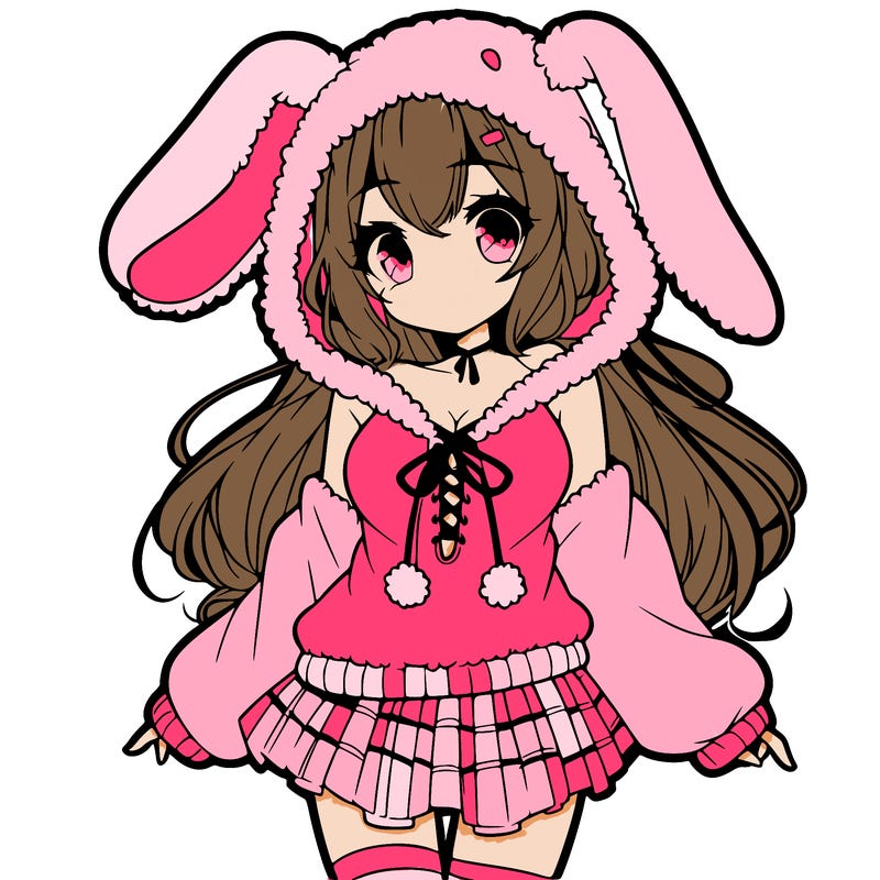 pretty anime girl wearing a fluffy hoodie with bunny ears on the hood and a skirt