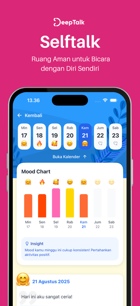 DeepTalk - Mental Health App - Interface do aplicativo de saúde mental DeepTalk mostrando o rastreador de humor SelfTalk e o recurso de diário diário