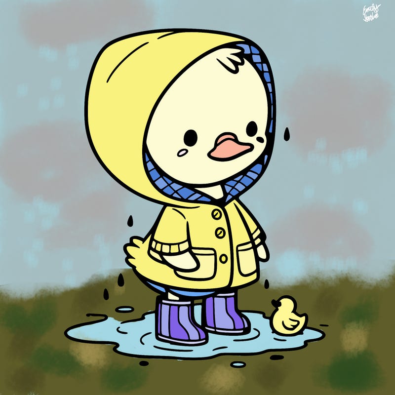 baby duck in a rain coat and boots, in a puddle while it’s raining