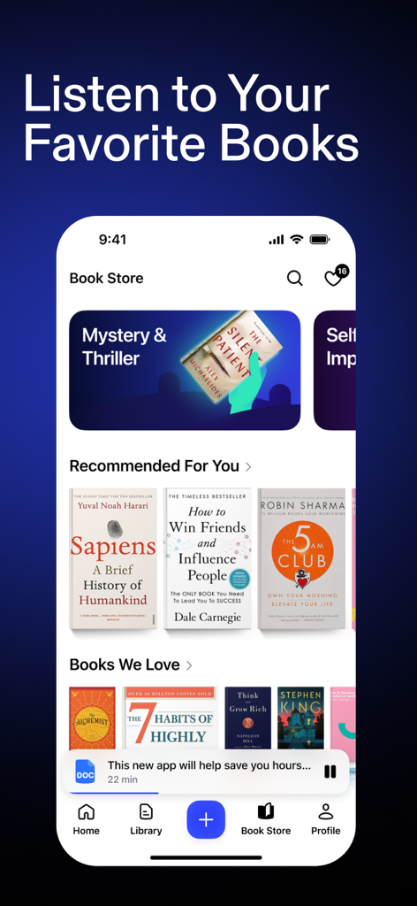Schermata dell'app Speechify che mostra il negozio di libri con titoli consigliati come Sapiens e The 5 AM Club per l'ascolto audio.