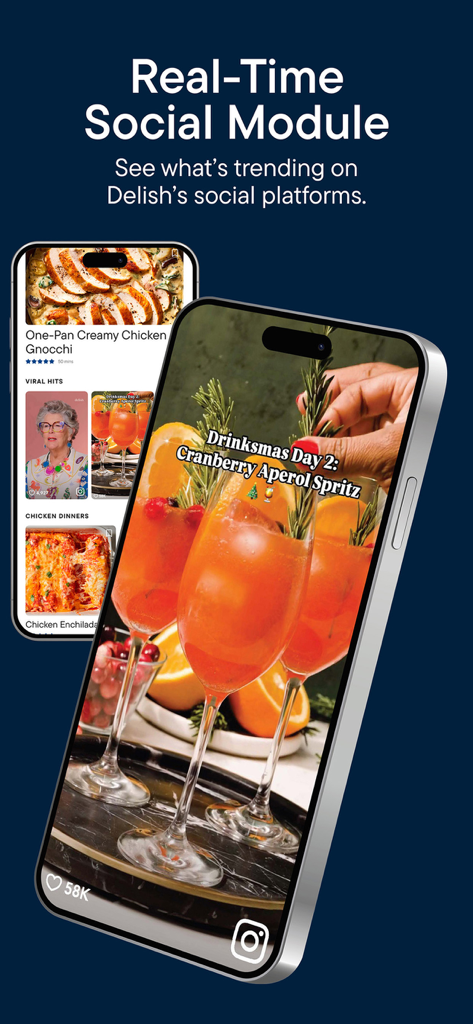 Delish: Original Fun Recipes - iPhone, das das Echtzeit-Social-Modul der Delish-App mit angesagten Rezepten und viralen Hits aus sozialen Medien zeigt