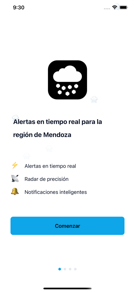 Granizo - Granizo app onboarding screen showing real-time hail alert features