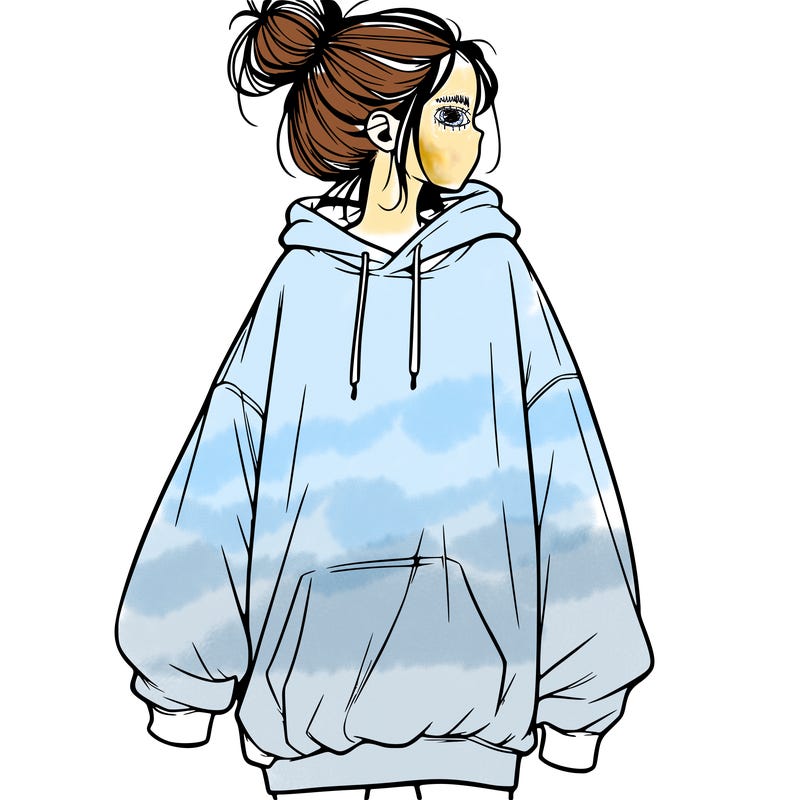 realistic girl with a oversized sweatshirt on and a bun