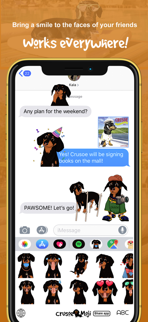 CrusoeMoji - Dachshund sticker - Adesivos de dachshund e teclado de emoji usados ​​em uma conversa de chat do iMessage
