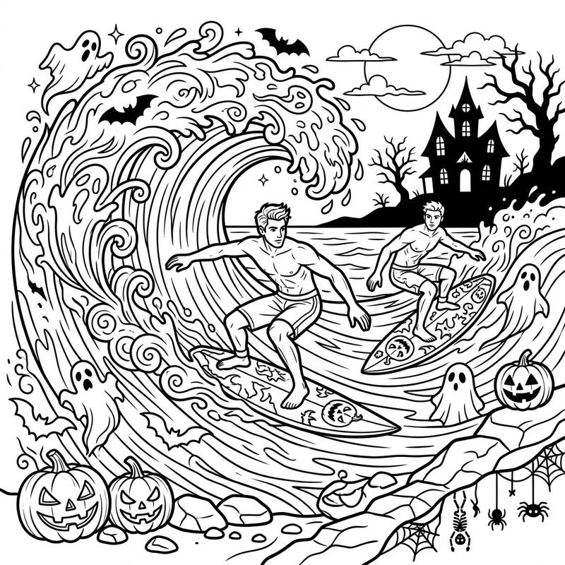 Prepare for an epic, spine-tingling ride with this Halloween coloring page, showcasing two daring male surfers conquering spooky, ghost-filled waves. It's the perfect blend of athletic thrill and festive fright, ready for your creative touch.