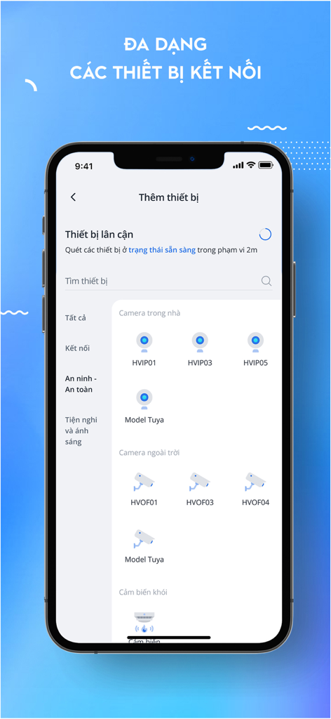 ONE Home - Interfaz de la aplicación ONE Home mostrando el menú para agregar nuevos dispositivos inteligentes, incluyendo cámaras de seguridad interiores y exteriores.