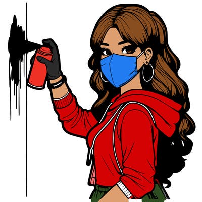 realistic girl with mask spray painting a wall