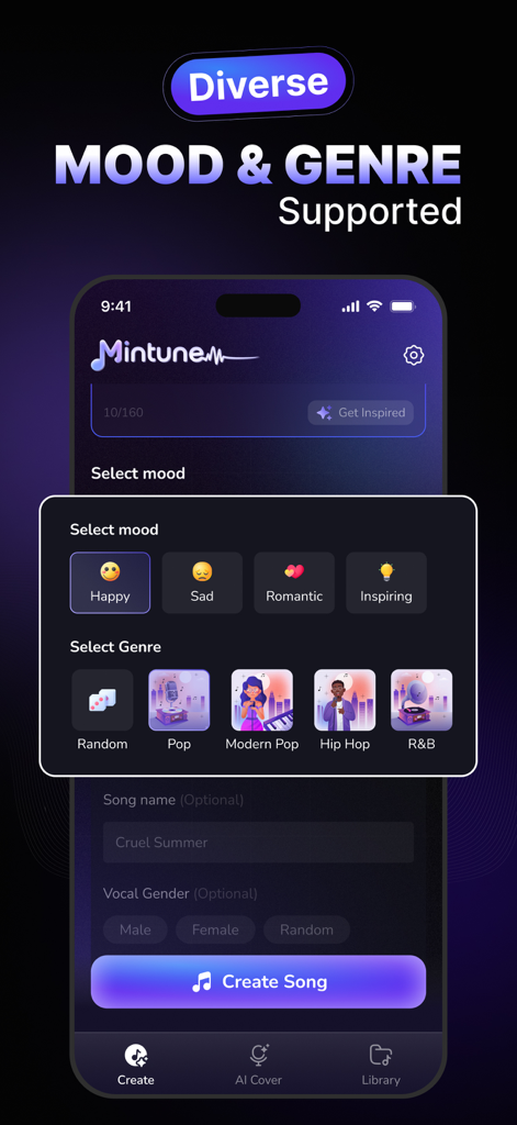 Mintunes app interface for selecting song mood and music genre