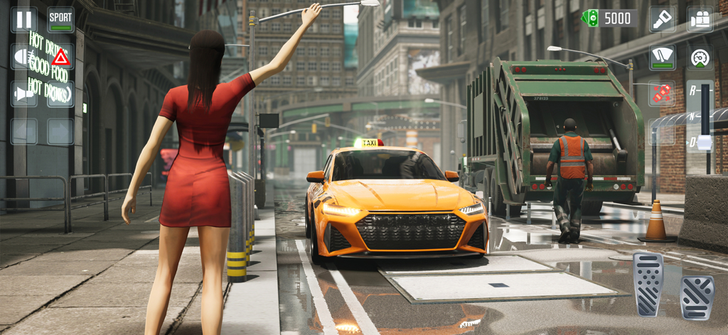 Taxi Car Simulator : EVO - Gameplay of Taxi Car Simulator EVO showing a woman hailing a yellow taxi in a realistic city environment.