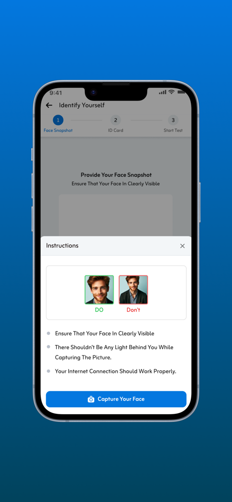 QQ (Quality Questions) - Identity verification screen in the QQ app showing instructions for capturing a face snapshot before a test