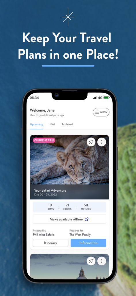 Iphone screen displaying the Travel Portal app featuring a safari itinerary countdown and curated travel details.