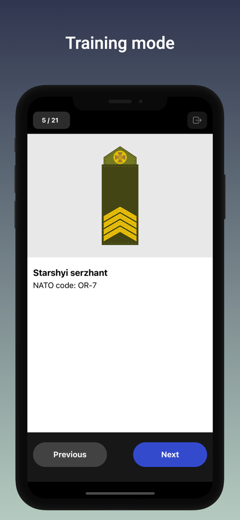 Training mode screen in the Ukraine military ranks app showing the Starshyi serzhant rank insignia and NATO code OR-7
