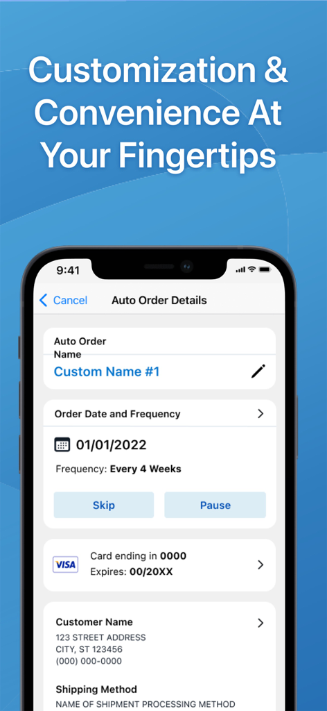USANA - Interface do aplicativo USANA mostrando detalhes do pedido automático e gerenciamento da assinatura