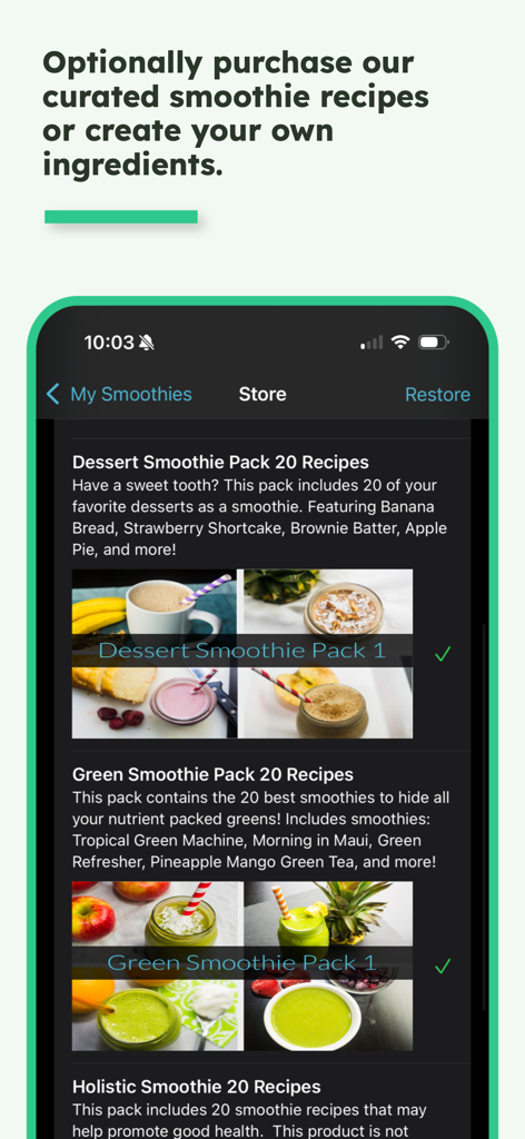 デザートやグリーンスムージーの厳選されたレシピパックが表示されたSimply Smoothiesアプリストアインターフェース