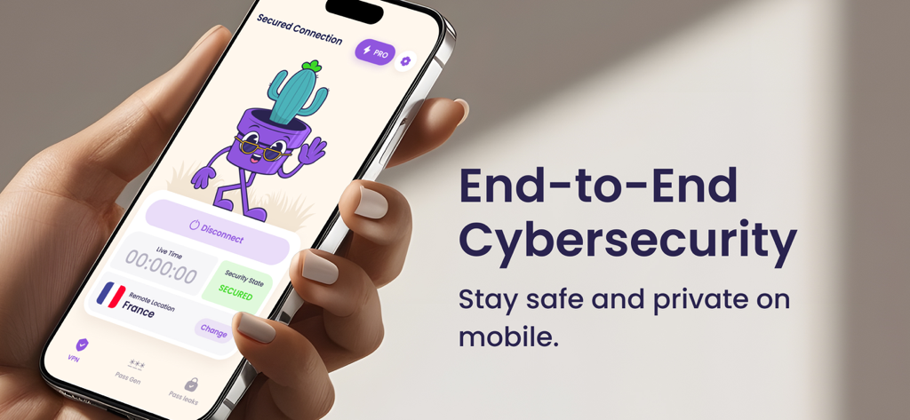Eine Hand hält ein iPhone mit der Benutzeroberfläche der MaxProtect Protectonyx App für End-to-End-Cybersicherheit und gesicherte Verbindung.