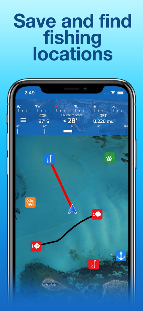 Fishing Points: Map & Forecast - Smartphone screen showing Fishing Points app with a nautical map and saved fishing locations