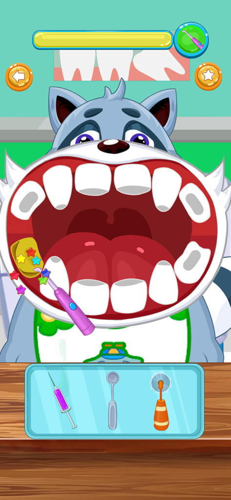 Animal Doctor - Um lobo de desenho animado tendo seus dentes limpos no jogo Animal Doctor.