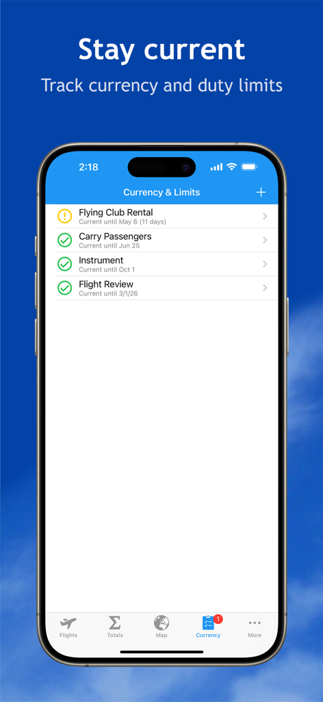 Smart Logbook app interface showing pilot flight currency and duty limits tracking for aviation compliance