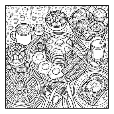 Dive into a delicious spread with this intricate breakfast and brunch coloring page. Explore a table laden with pancakes, waffles, eggs, and more, perfect for a relaxing creative session.