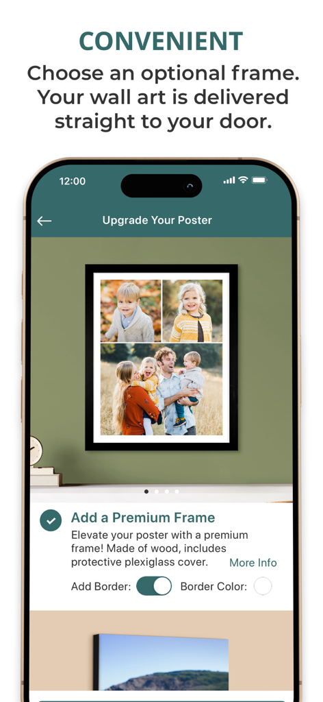 Screenshot of FreePrints Photo Art app showing how to choose a premium frame for custom wall art