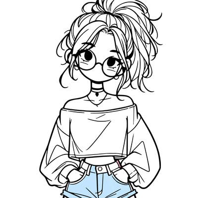 girl with a messy ponytail glasses a baggy crop top and jean shorts