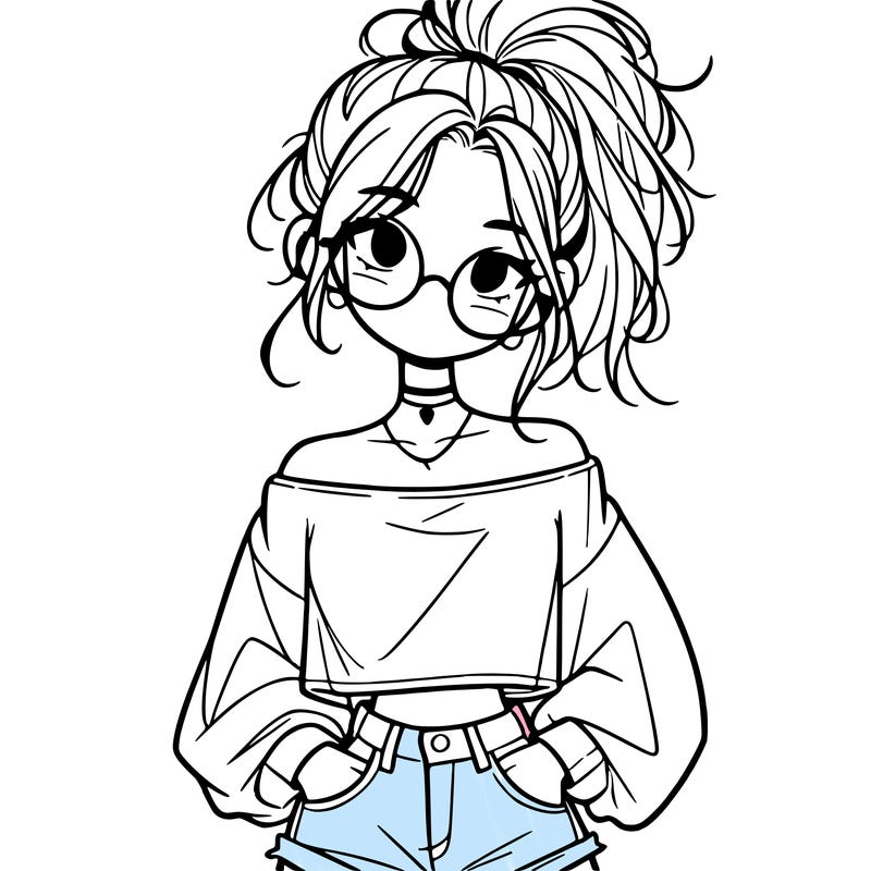 girl with a messy ponytail glasses a baggy crop top and jean shorts