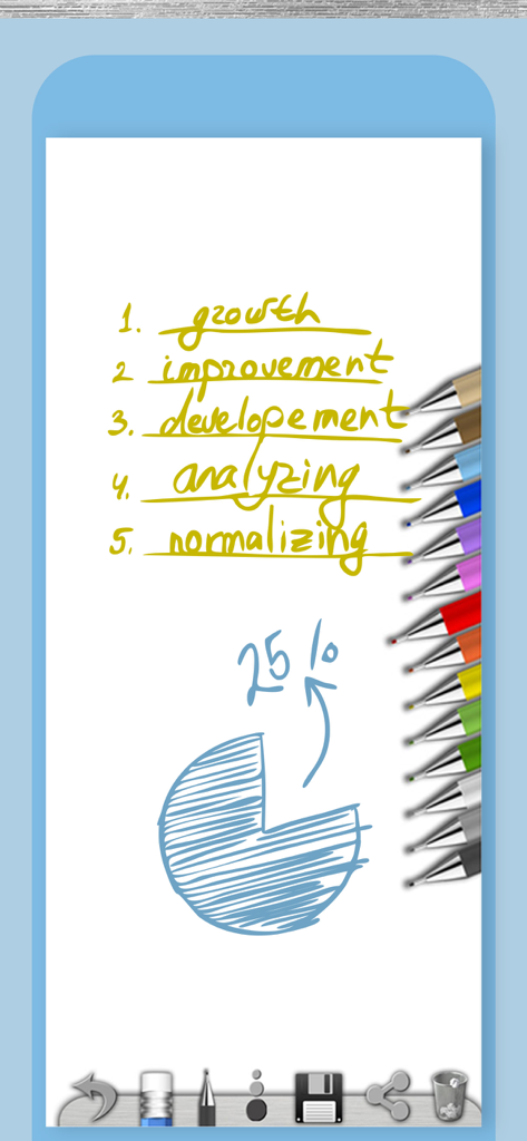Notepad – organize ideas app - Digital notepad app interface featuring a handwritten list and a hand-drawn pie chart with colorful pens