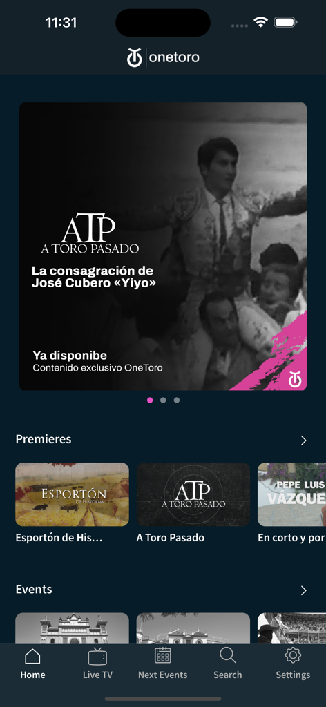 Onetoro mobile app home screen showcasing bullfighting documentaries and live festival content