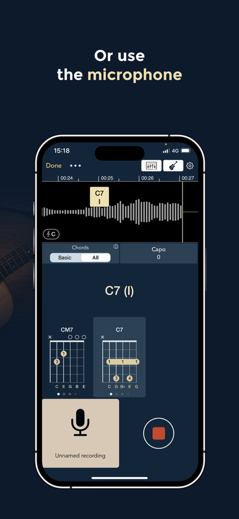 Chord ai - Play any song! - Chord ai app interface showing real-time chord detection using the device microphone with guitar chord diagrams