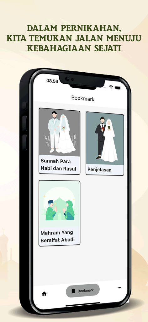 Kitab Qurratul Uyun Indonesia - Bookmark interface of the Kitab Qurratul Uyun Indonesia app featuring sections on marriage ethics and Islamic traditions.