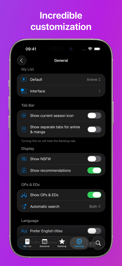 ManGo - Anime & Manga Tracker - Pantalla de configuración general de la aplicación ManGo mostrando opciones de personalización para rastrear anime y manga