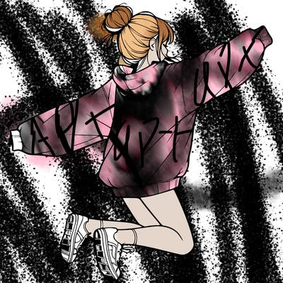realistic girl jumping with a bun and oversized sweatshirt