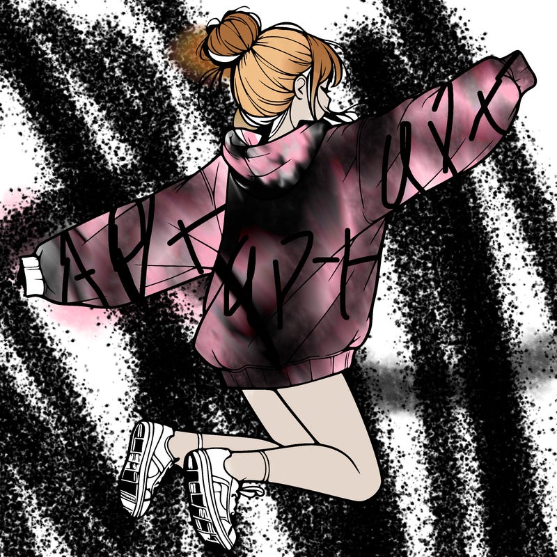 realistic girl jumping with a bun and oversized sweatshirt