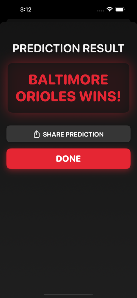 ai Sports Betting - Prediction result screen in the ai Sports Betting app showing Baltimore Orioles as the winner