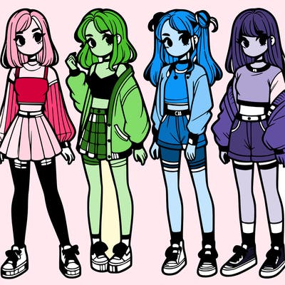 one girl with crop-top shirt and a jacket with a skirt, long socks and another girl with a shirt and pants with a jacket