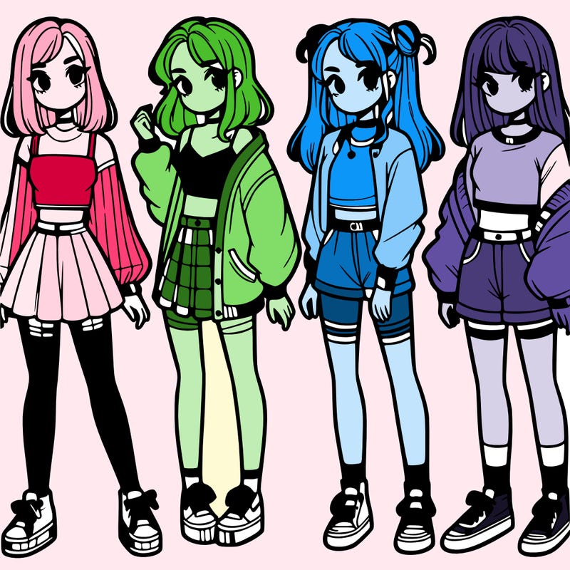 one girl with crop-top shirt and a jacket with a skirt, long socks and another girl with a shirt and pants with a jacket