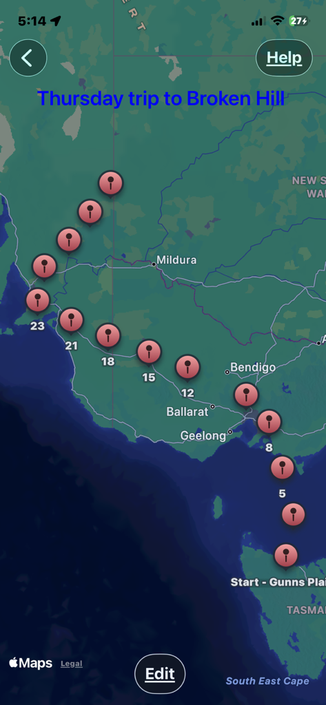 Map view of the Track My Trip app showing a journey route with numbered location tags.