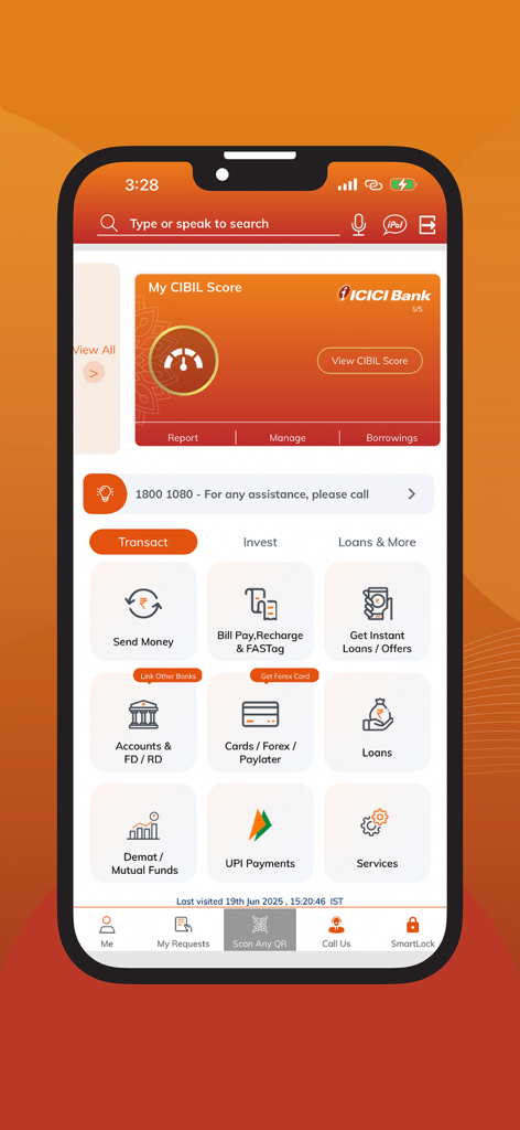 ICICI Bank iMobile app dashboard showing various banking services including UPI payments, accounts, and CIBIL score