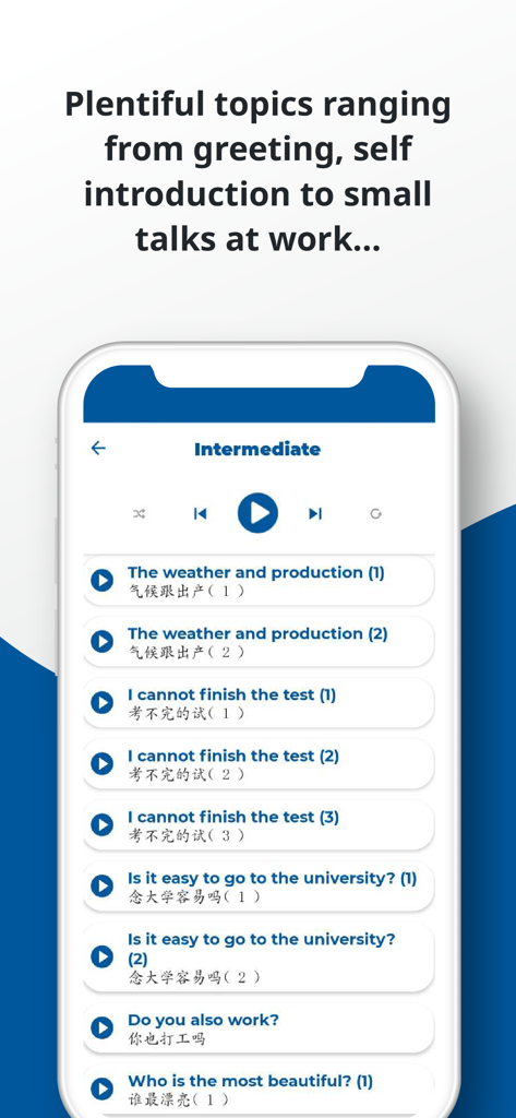 Chinese ー Listening・Speaking - 中間レベルのオーディオレッスンのリストと再生コントロールを表示する中国語リスニング＆スピーキングアプリのインターフェイス。